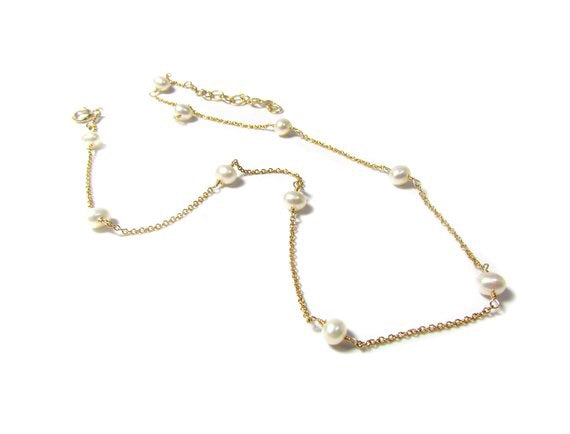 Freshwater Pearl Tin Cup Choker Necklace | 14K Gold Filled Station Chain